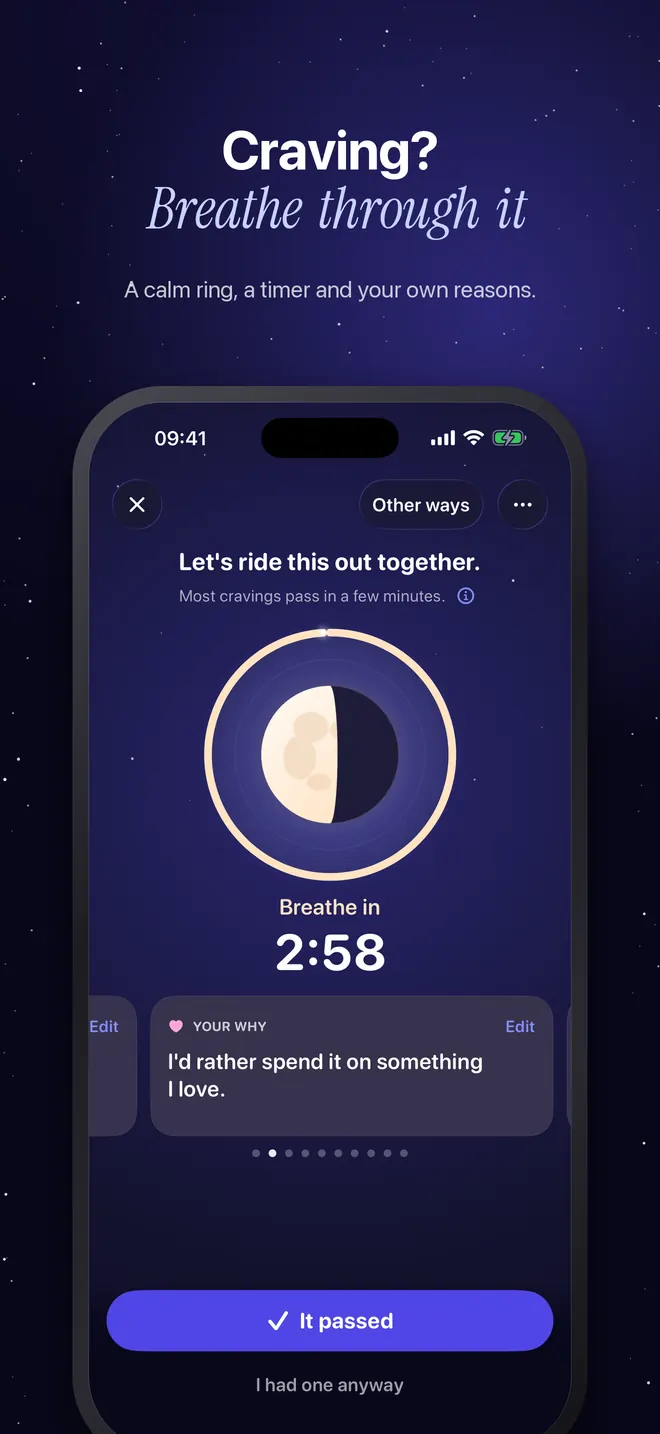 Craving? Breathe through it: Wane’s Help now on iPhone, with a calm ring, a timer and your own reasons