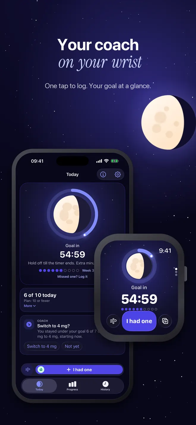 Your coach on your wrist: Wane on iPhone and Apple Watch, with the moon countdown and an I had one button on the watch