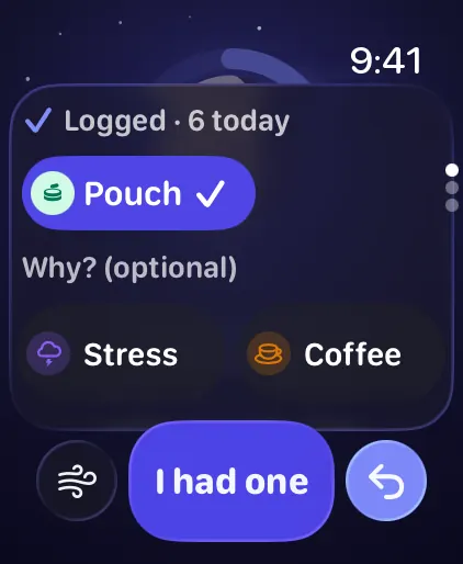 Wane on Apple Watch right after logging a pouch, with optional reasons like Stress and Coffee