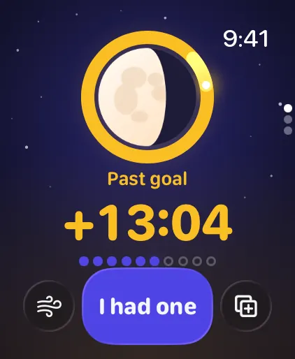 Apple Watch showing a gold ring and 13 minutes past the goal, a stretch win