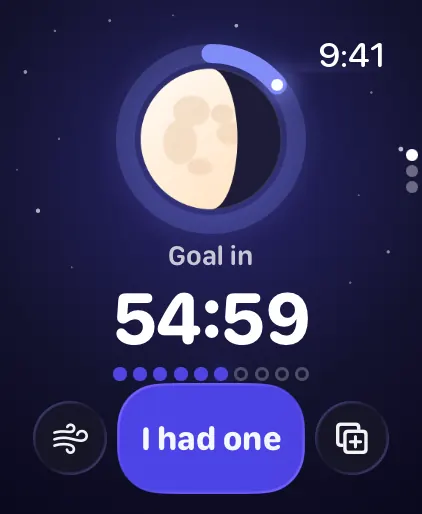 Wane on Apple Watch: the moon with 54:59 until the next goal and an I had one button
