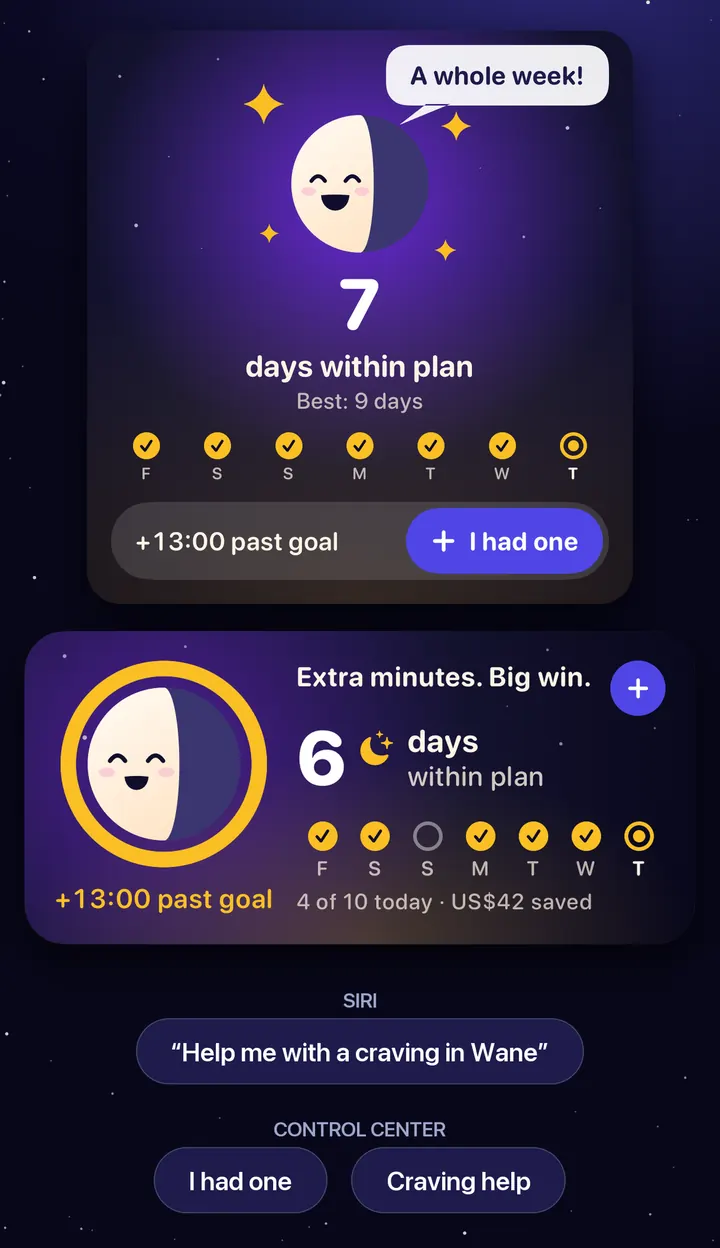 Wane moon widgets: 7 days within plan with an I had one button, a Moon & streak widget, and Siri and Control Center buttons for I had one and Craving help